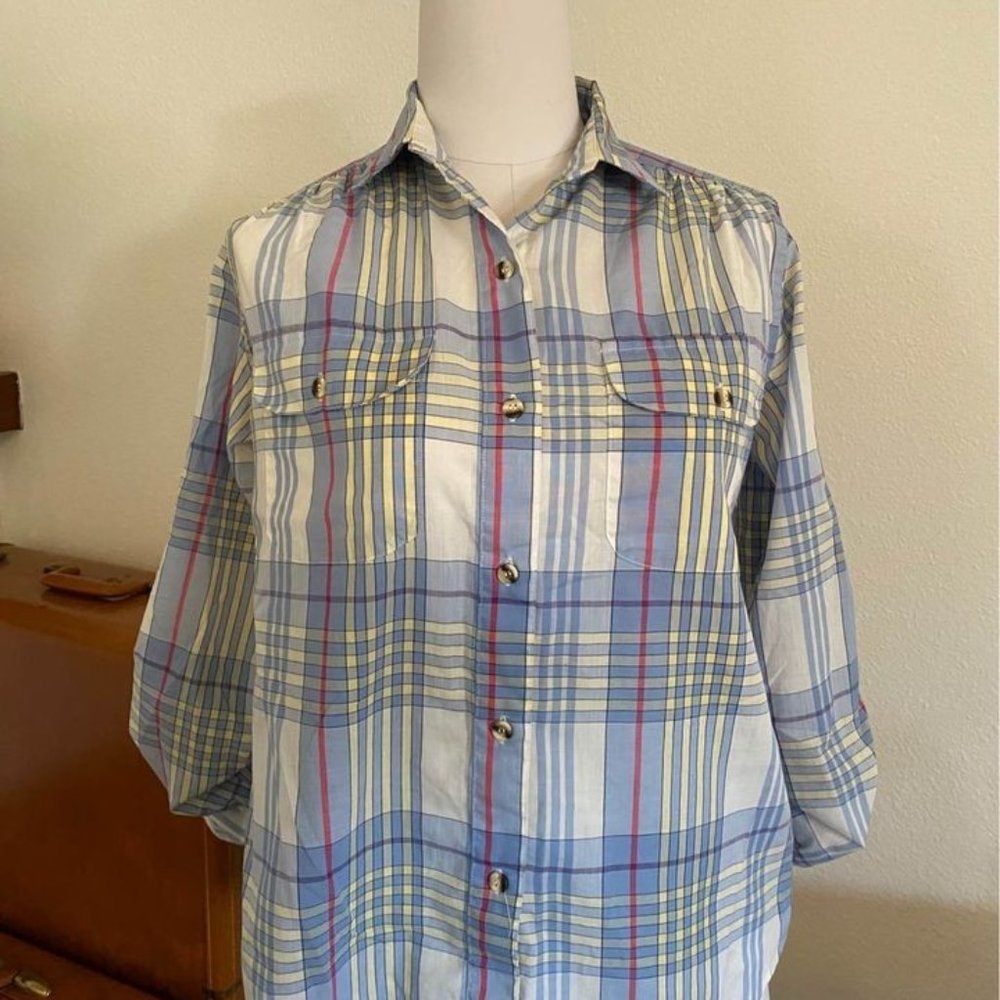 Vintage 1970s 1980s Mervyns for Her Blue Plaid Button Up Mom Shirt grandma core